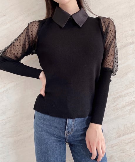 ribbon collar see-through sleeve tops / 2color