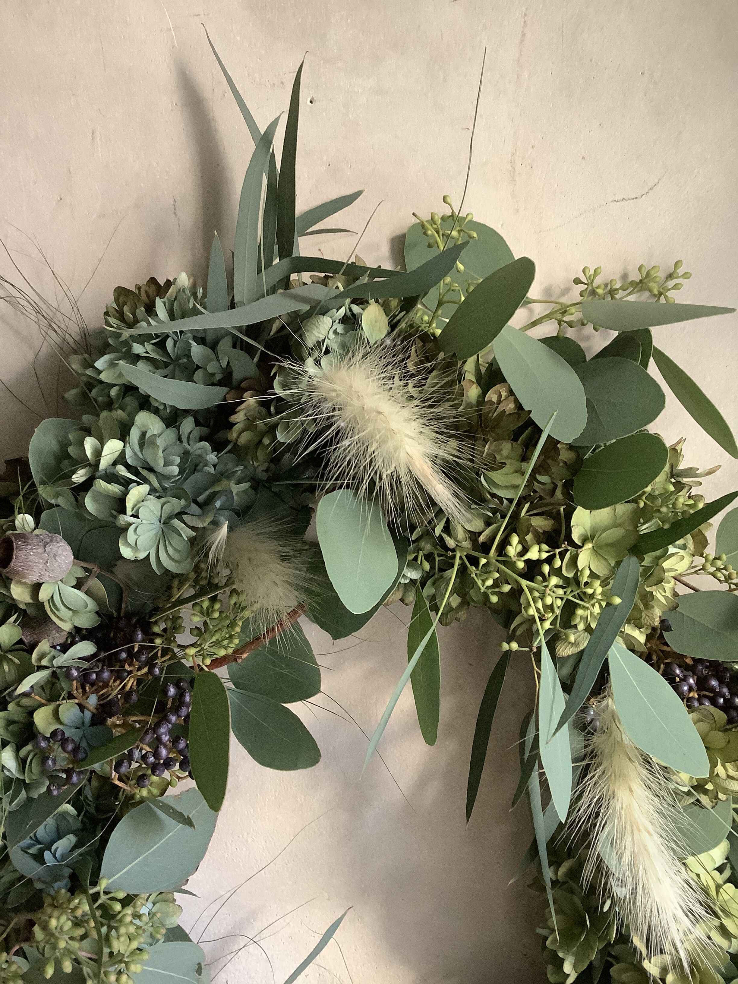 秋色紫陽花　ユーカリ　枝　グリーン　スワッグ Autumn hydrangea & eucalyptus wreath