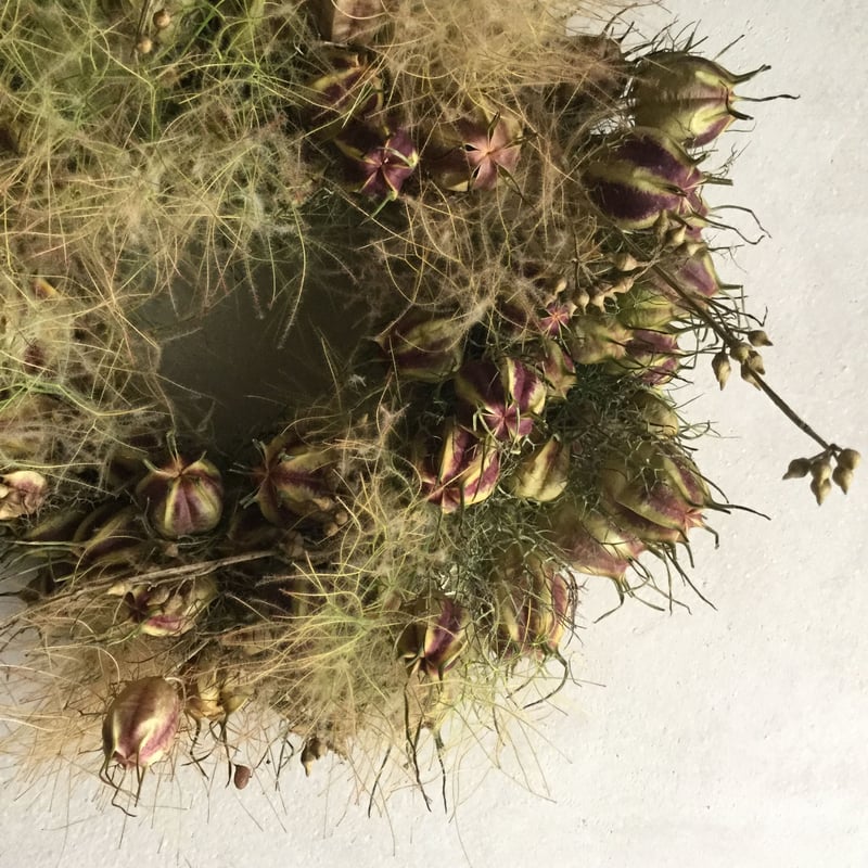 森の幻想的なスモークツリーとニゲラ、ルリタマアザミのナチュラルリース 森の幻想的なスモークツリーと ルリタマアザミのナチュラルグリーン