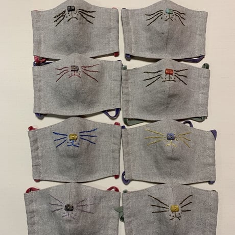 ニャンマスク〜子供用　刺繍　オリーブ　ヒモ　パープル  #2