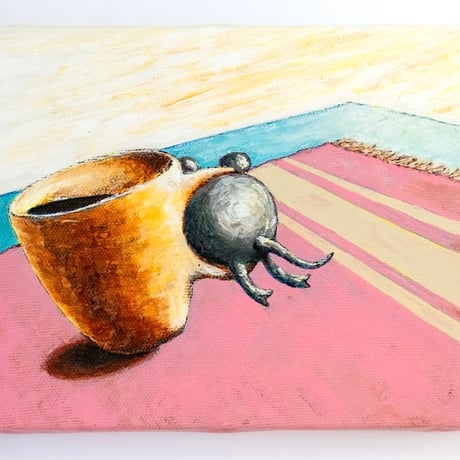 「コーヒーが入ってるカップに突っ込んだら挟まってしまったネズミ」F0キャンバス