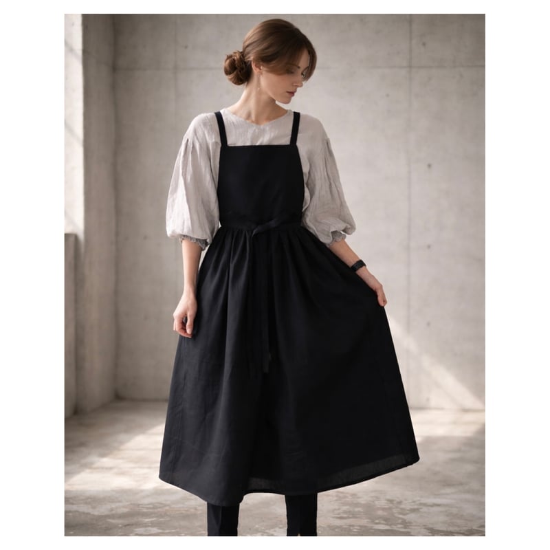 フレンチリネン両サイドリボン2wayギャザーエプロンドレス フレンチリネン両サイドリボン2wayギャザーエプロンドレス フレンチ