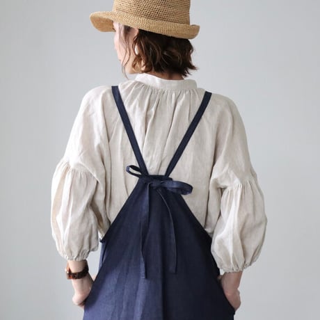 岡山児島デニムで仕立てた、美シルエットAラインデニムエプロンドレス／デニムエプロンワンピース／インディゴ／linum