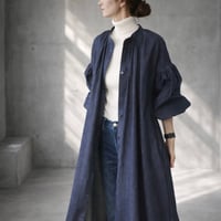 岡山児島デニムシャツワンピース／くったり柔らか8オンスデニムのボリュームいっぱいギャザーワンピース／インディゴ