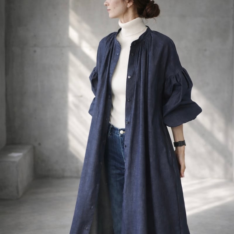 岡山児島デニムシャツワンピース／くったり柔らか8オンスデニムの