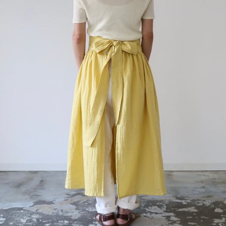 【全２２色】ふっくら厚み2倍のとろみダブルガーゼのギャザーカフェエプロン／バックリボンダブルガーゼエプロン／イエロー