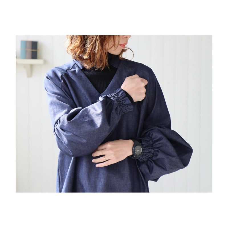 岡山県児島デニムギャザーバルーンスリーブデザインブラウス／8オンス