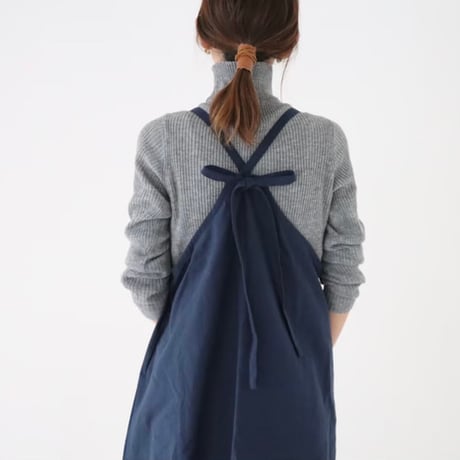 美シルエットAラインコットンリネンヴィンテージ加工エプロンドレス／エプロンワンピース／ネイビー
