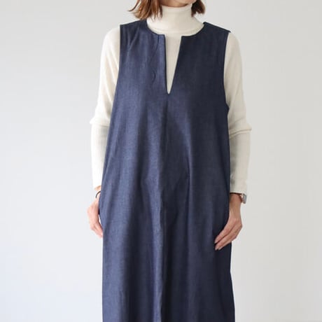 岡山児島デニムジャンパースカート／8オンスソフトデニムワンピース／スラッシュネック／インディゴ／linum jean