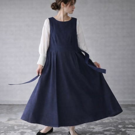 岡山県児島デニムで魅せる、ボリュームいっぱいデニムジャンパースカート／インディゴ／linum jean