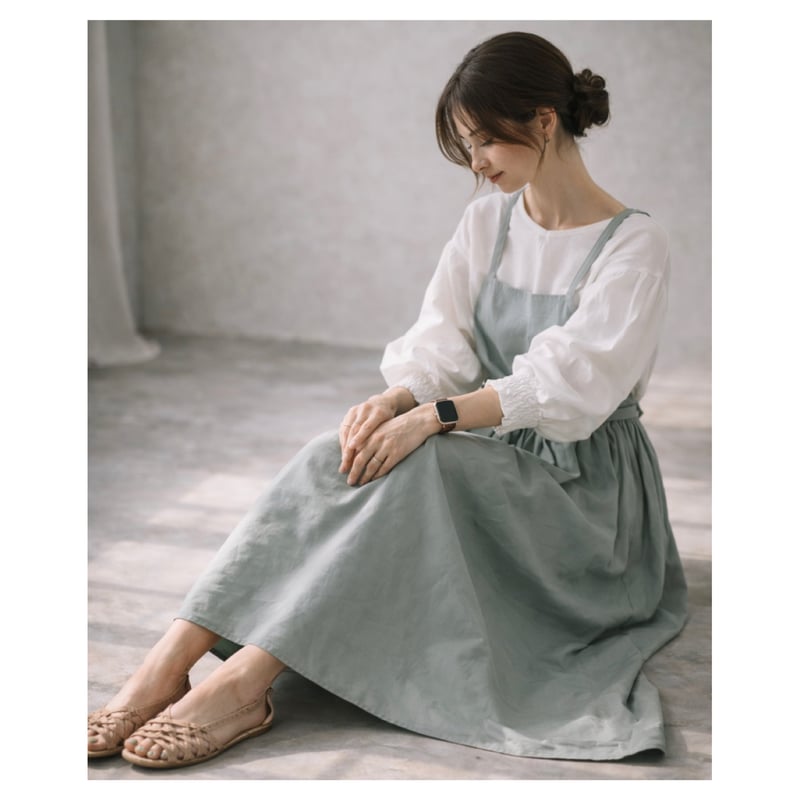 そのままお出かけリネンギャザーエプロン／コットンリネンエプロン