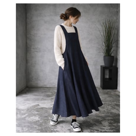岡山県児島デニムジャンパースカートボリュームいっぱい8オンスソフトデニムワンピース／インディゴ／linum jean