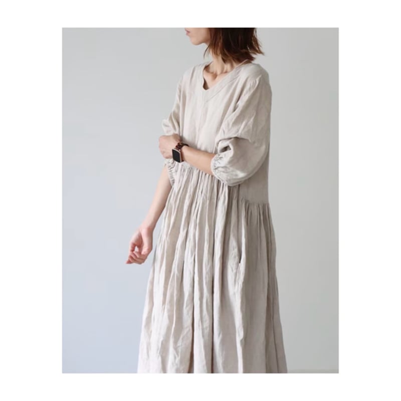 relaxing ヨーロッパリネン100% ギャザーたっぷりVネックワンピース  