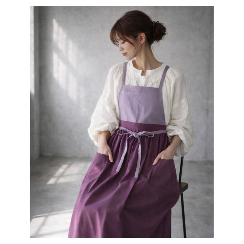 リネン100 2wayギャザーエプロン ラベンダー ハンドメイド リネンエプロン】周りと差のつくそのままお出かけバイカラーコットン