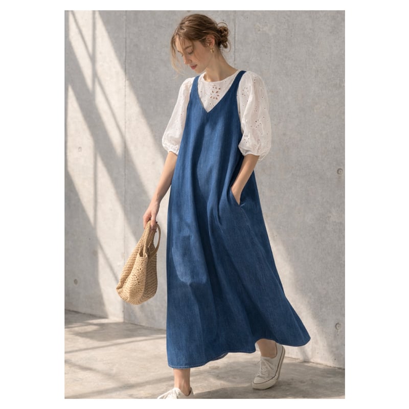岡山児島デニムで仕立てた、美シルエットAラインデニムエプロンドレス