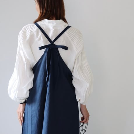 美シルエットAラインコットンリネンヴィンテージ加工エプロンドレス／エプロンワンピース／ネイビー