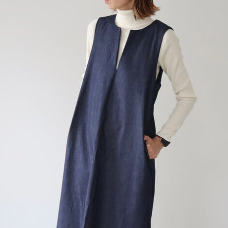 岡山児島デニムジャンパースカート／8オンスソフトデニムワンピース／スラッシュネック／インディゴ／linum jean
