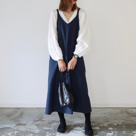 美シルエットAラインコットンリネンヴィンテージ加工エプロンドレス／エプロンワンピース／ネイビー