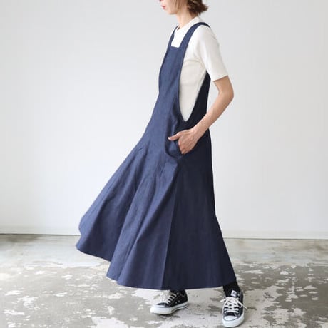 岡山県児島デニムジャンパースカートボリュームいっぱい8オンスソフトデニムワンピース／インディゴ／linum jean