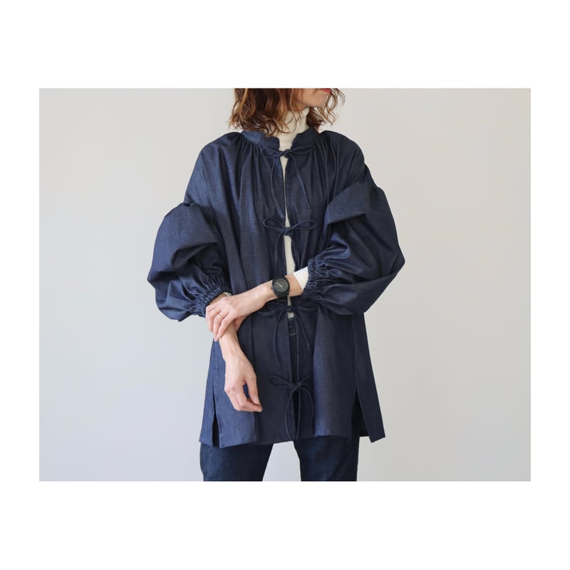 岡山県倉敷児島デニムで魅せる、ボリューム袖リボンチュニックブラウス