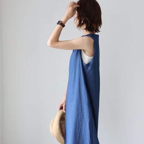 岡山児島デニムジャンパースカート／8オンスソフトデニムワンピース／スラッシュネック／ブルー／linum jean