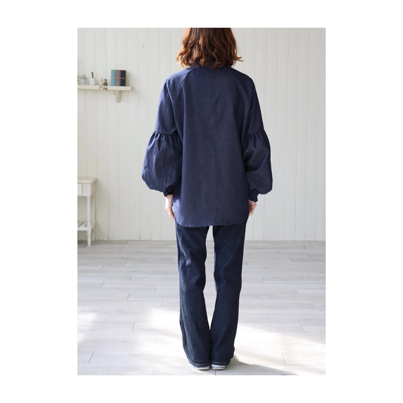 岡山県児島デニムギャザーバルーンスリーブデザインブラウス／8オンス