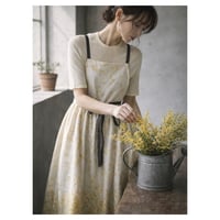 【リネンエプロン】周りと差のつく！そのままお出かけ花柄コットンリネンギャザーエプロン／ミモザ生成り×チャコール
