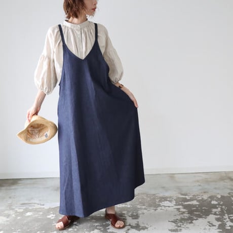 岡山児島デニムで仕立てた、美シルエットAラインデニムエプロンドレス／デニムエプロンワンピース／インディゴ／linum
