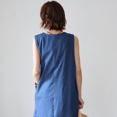 岡山児島デニムジャンパースカート／8オンスソフトデニムワンピース／スラッシュネック／ブルー／linum jean