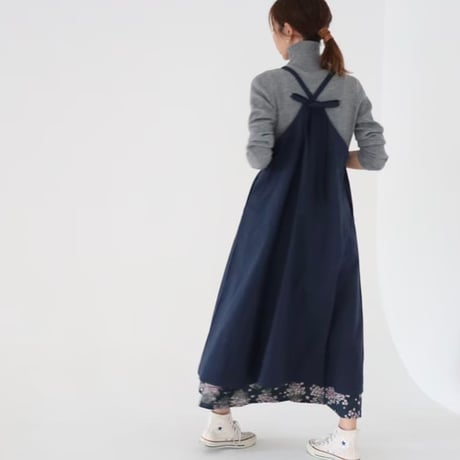 美シルエットAラインコットンリネンヴィンテージ加工エプロンドレス／エプロンワンピース／ネイビー