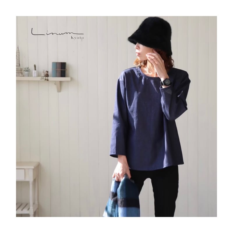 モンプチデニムのブラウス加工インディゴトップス 岡山県児島デニムブラウス／シンプルさを追求した、8オンスソフト