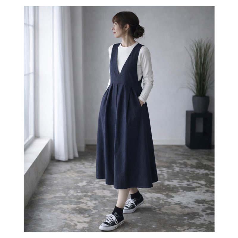 岡山県児島デニムジャンパースカート／8オンスくったりデニムで上品に