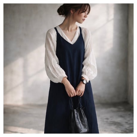 美シルエットAラインコットンリネンヴィンテージ加工エプロンドレス／エプロンワンピース／ネイビー