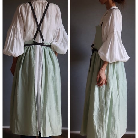 ふっくら厚さ2倍のとろみダブルガーゼとコットンリネンのリボンのギャザーたっぷりバイカラーエプロン／オパールグリーン