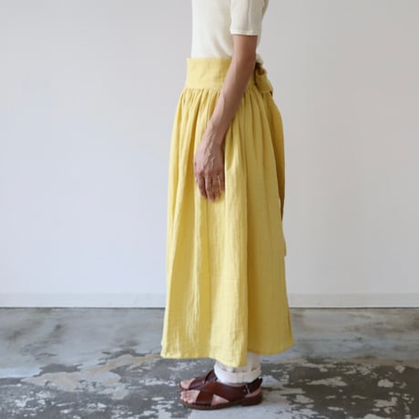 【全２２色】ふっくら厚み2倍のとろみダブルガーゼのギャザーカフェエプロン／バックリボンダブルガーゼエプロン／イエロー