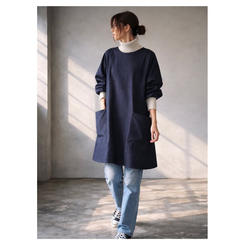 岡山児島デニムで魅せる、割烹着／8オンスくったりソフトデニム