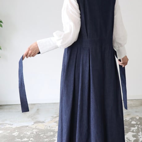 岡山県児島デニムで魅せる、ボリュームいっぱいデニムジャンパースカート／インディゴ／linum jean