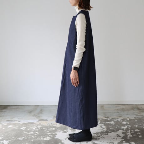 岡山児島デニムジャンパースカート／8オンスソフトデニムワンピース／スラッシュネック／インディゴ／linum jean