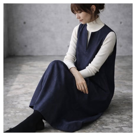 岡山児島デニムジャンパースカート／8オンスソフトデニムワンピース／スラッシュネック／インディゴ／linum jean