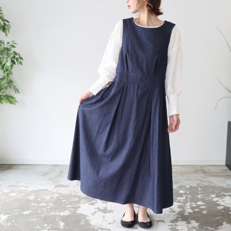 岡山県児島デニムで魅せる、ボリュームいっぱいデニムジャンパースカート／インディゴ／linum jean