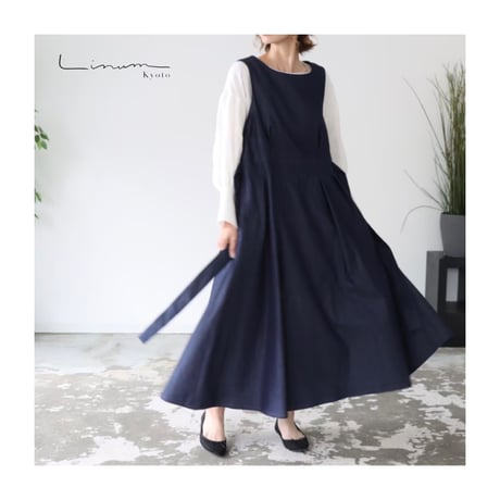 岡山県児島デニムで魅せる、ボリュームいっぱいデニムジャンパースカート／インディゴ／linum jean