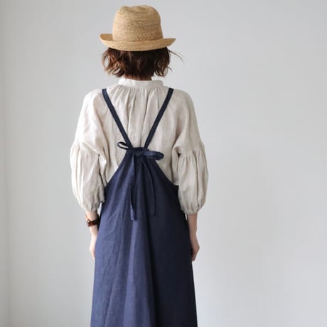 岡山児島デニムで仕立てた、美シルエットAラインデニムエプロンドレス／デニムエプロンワンピース／インディゴ／linum