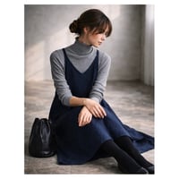 美シルエットAラインコットンリネンヴィンテージ加工エプロンドレス／エプロンワンピース／ネイビー