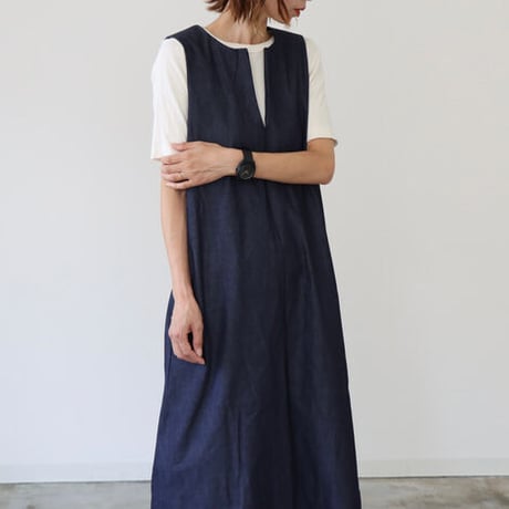 岡山児島デニムジャンパースカート／8オンスソフトデニムワンピース／スラッシュネック／インディゴ／linum jean