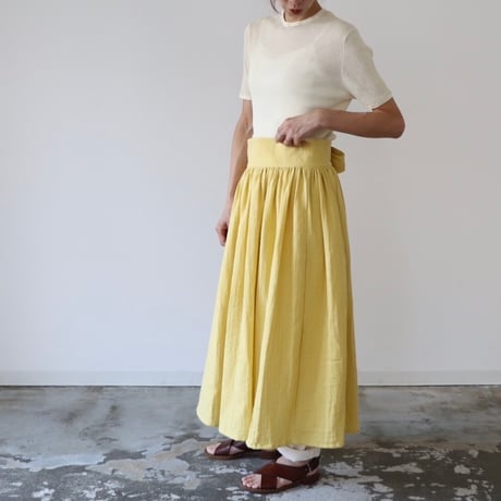 【全２２色】ふっくら厚み2倍のとろみダブルガーゼのギャザーカフェエプロン／バックリボンダブルガーゼエプロン／イエロー