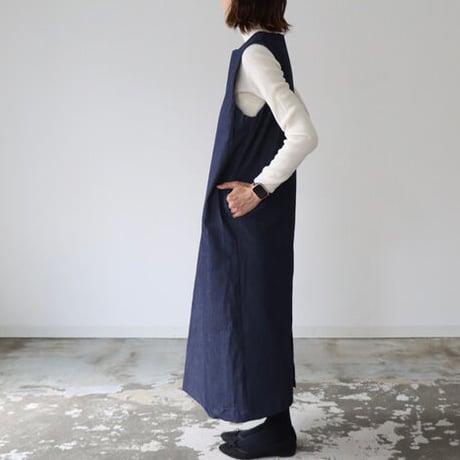 岡山児島デニムジャンパースカート／8オンスソフトデニムワンピース／スラッシュネック／インディゴ／linum jean