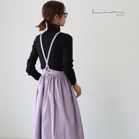 そのままお出かけリネンギャザーエプロン／コットンリネンエプロン／お洒落エプロン／秋色カラーのスモーキーパンジー