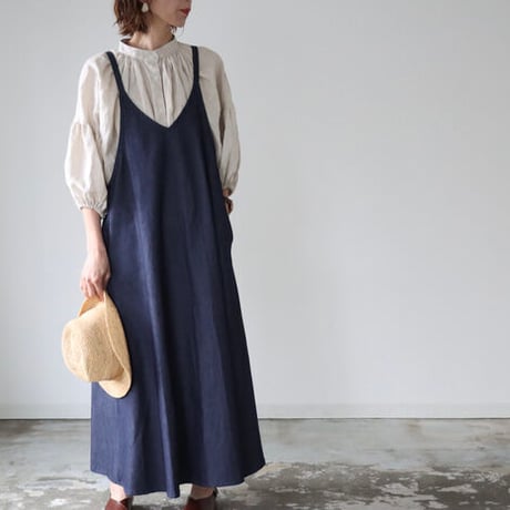 岡山児島デニムで仕立てた、美シルエットAラインデニムエプロンドレス／デニムエプロンワンピース／インディゴ／linum