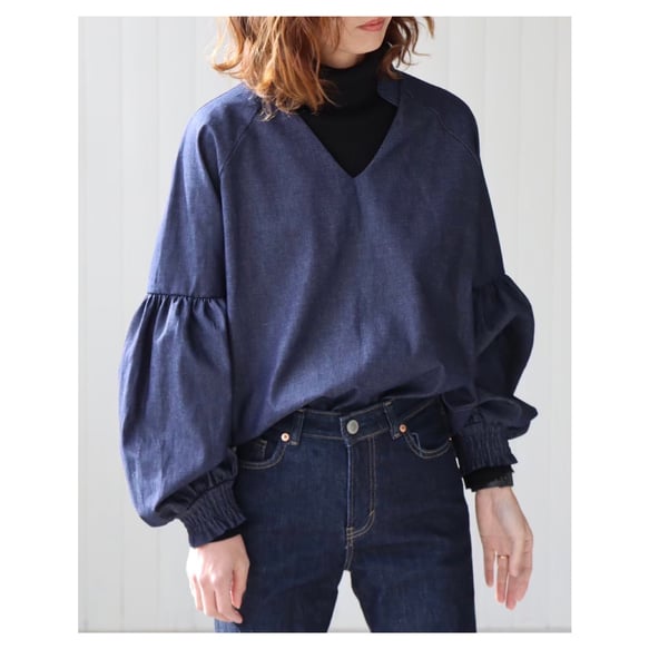 岡山県児島デニムギャザーバルーンスリーブデザインブラウス／8オンス