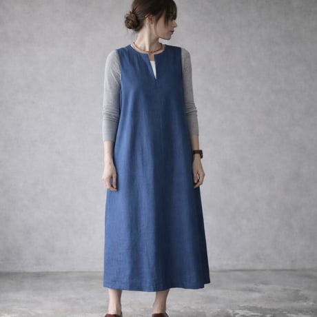 岡山児島デニムジャンパースカート／8オンスソフトデニムワンピース／スラッシュネック／ブルー／linum jean